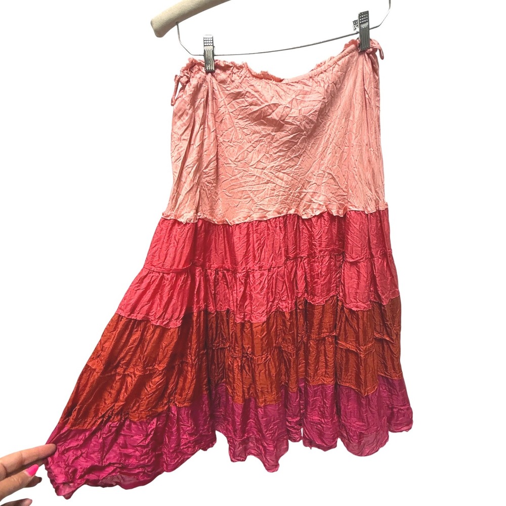 Chan Luu Pink Orange Tiered Colorblock Crinkle Midi Skirt Size L NWT - Picture 2 of 6